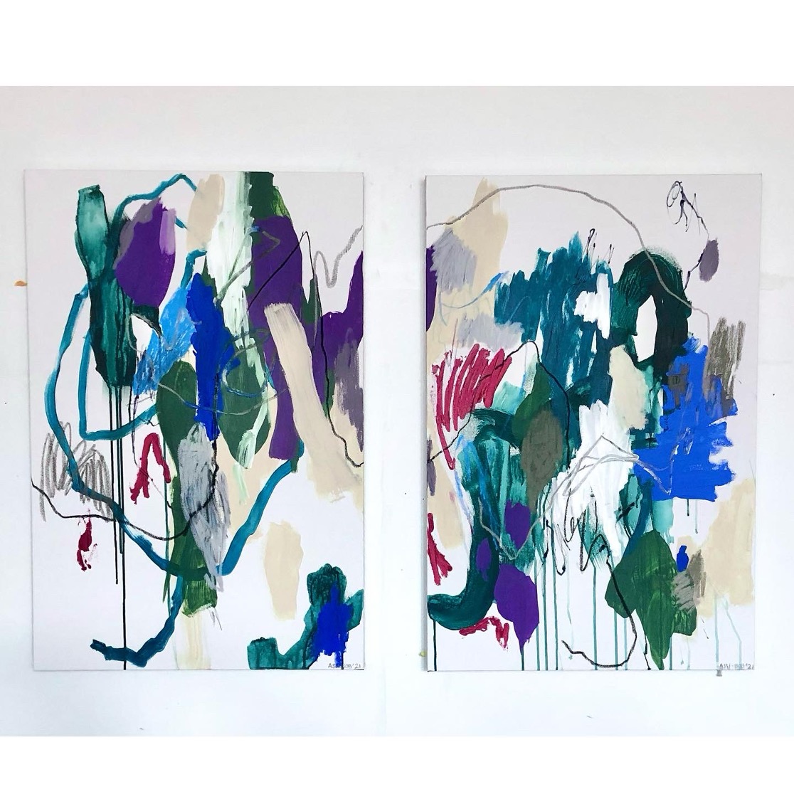 “On The Edge & In The Air”
each 24x36 inches
Mixed Media on Canvas
2021